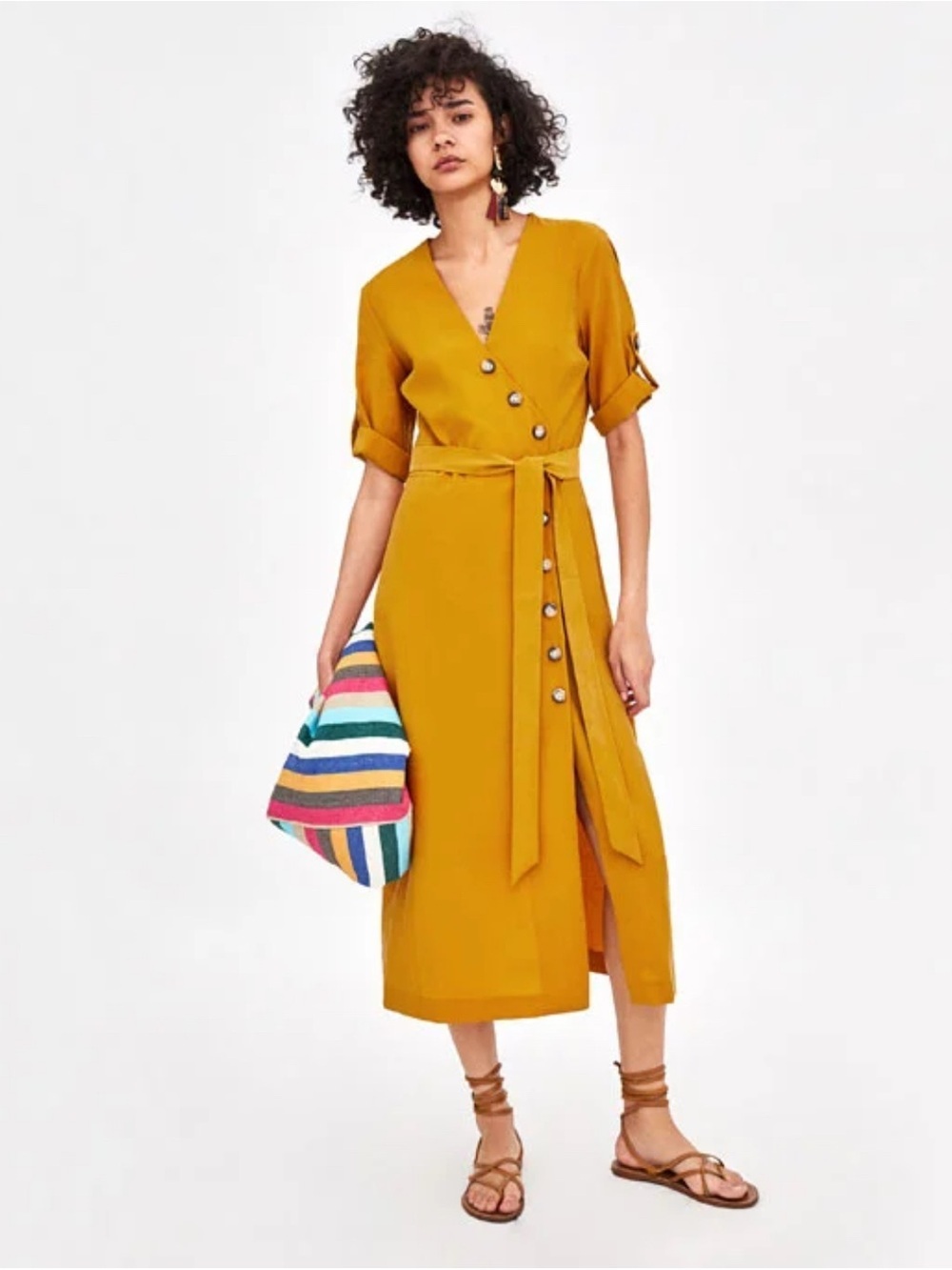 NWT Zara Mustard Wrap-Style Midi Dress with Button size L